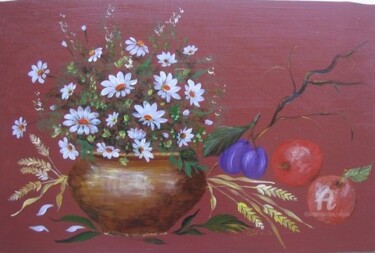 panneau decoratif bois peint fleurs, pommes